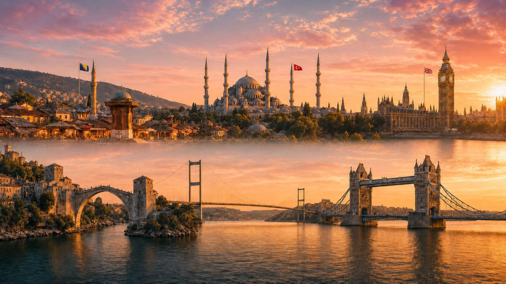 Başçarşı, Sultanahmet ve Big Ben üzerinde; Mostar, Boğaziçi ve Tower Bridge altında birleşen üç ülke panoraması